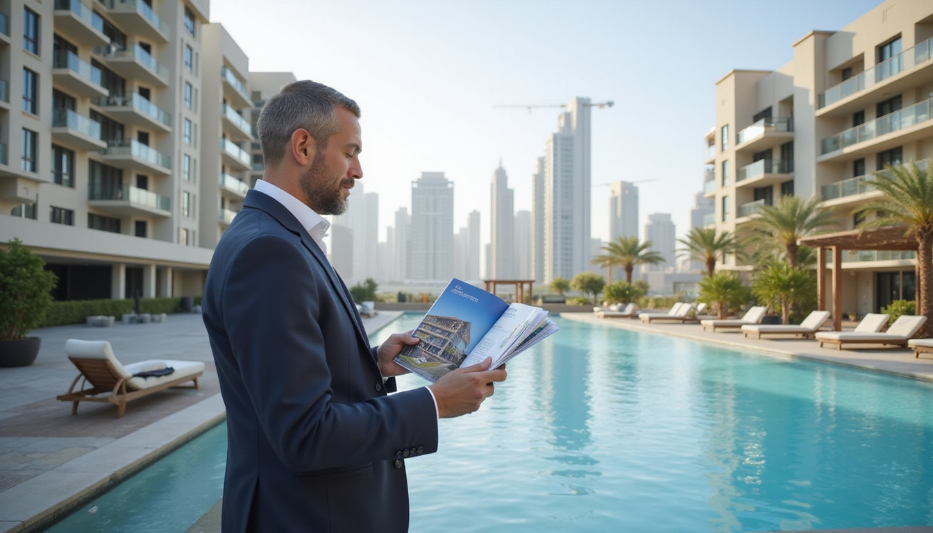  Real estate investor examining property brochure beside Al Rehab skyline, cranes, luxury amenities, pool