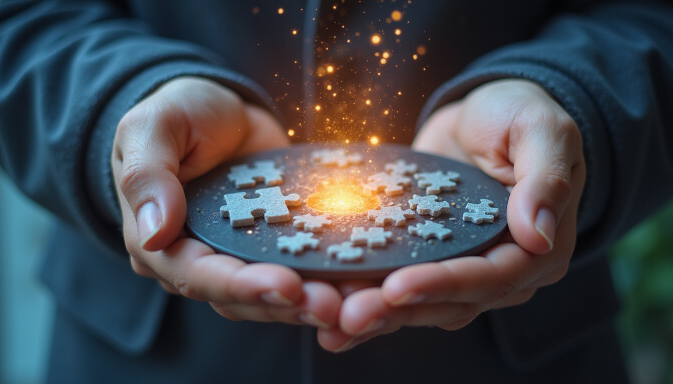 Hands assembling fragmented device puzzle into a luminous customer journey core, clean data streams