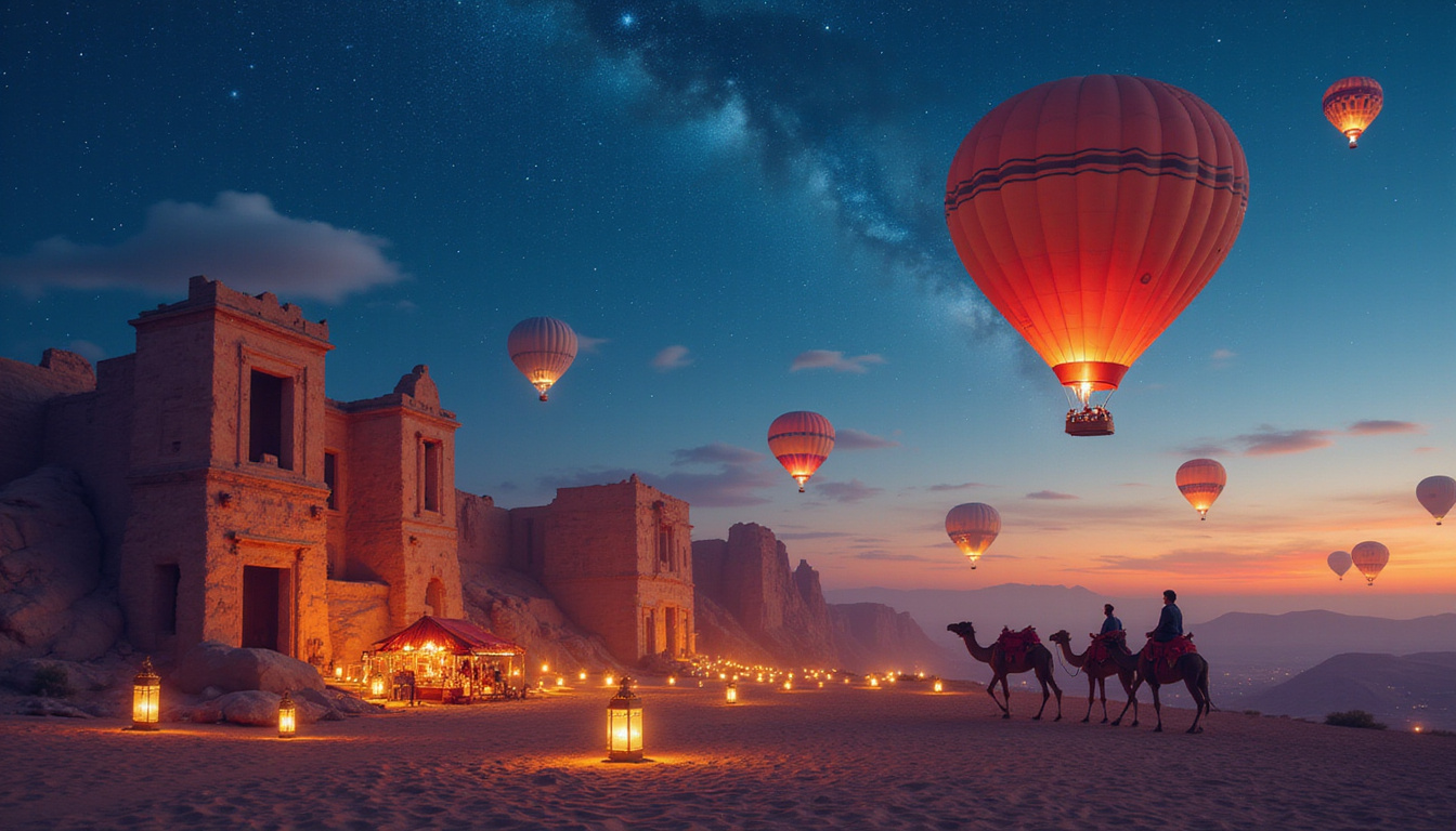 Camel caravan and hot air balloons near sandstone ruins, starlit sky, richly patterned lanterns