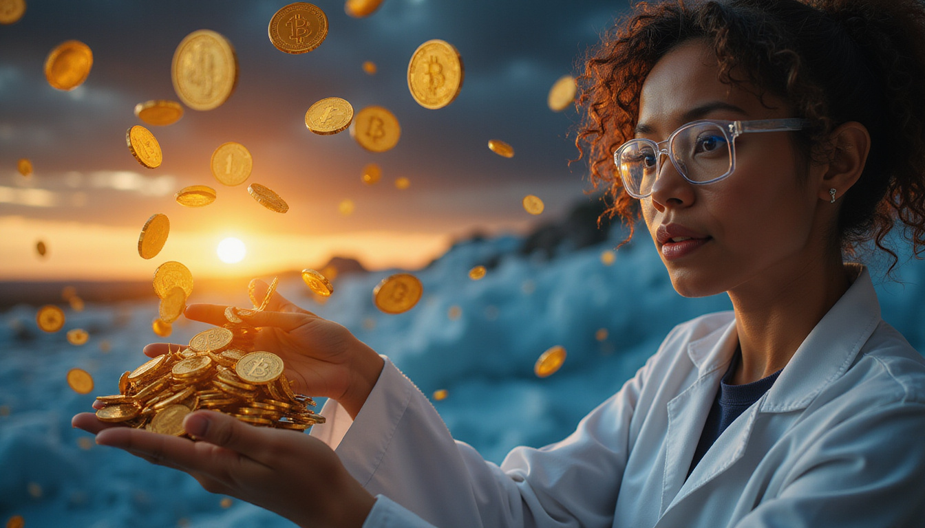  Confident person releasing golden coins, scientist explains with lab glassware and neural hologram sunrise