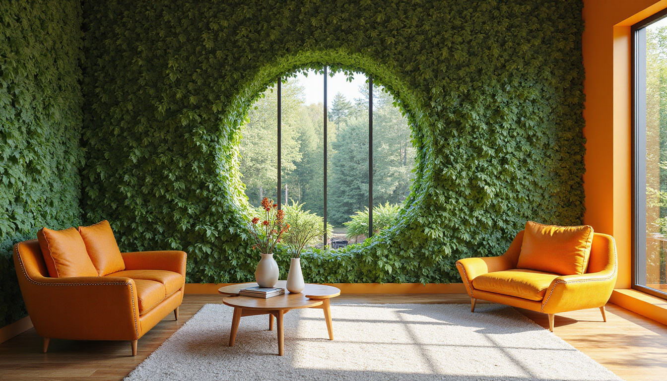 Modern living room with cascading ivy wall, hidden greenhouse window, warm morning light