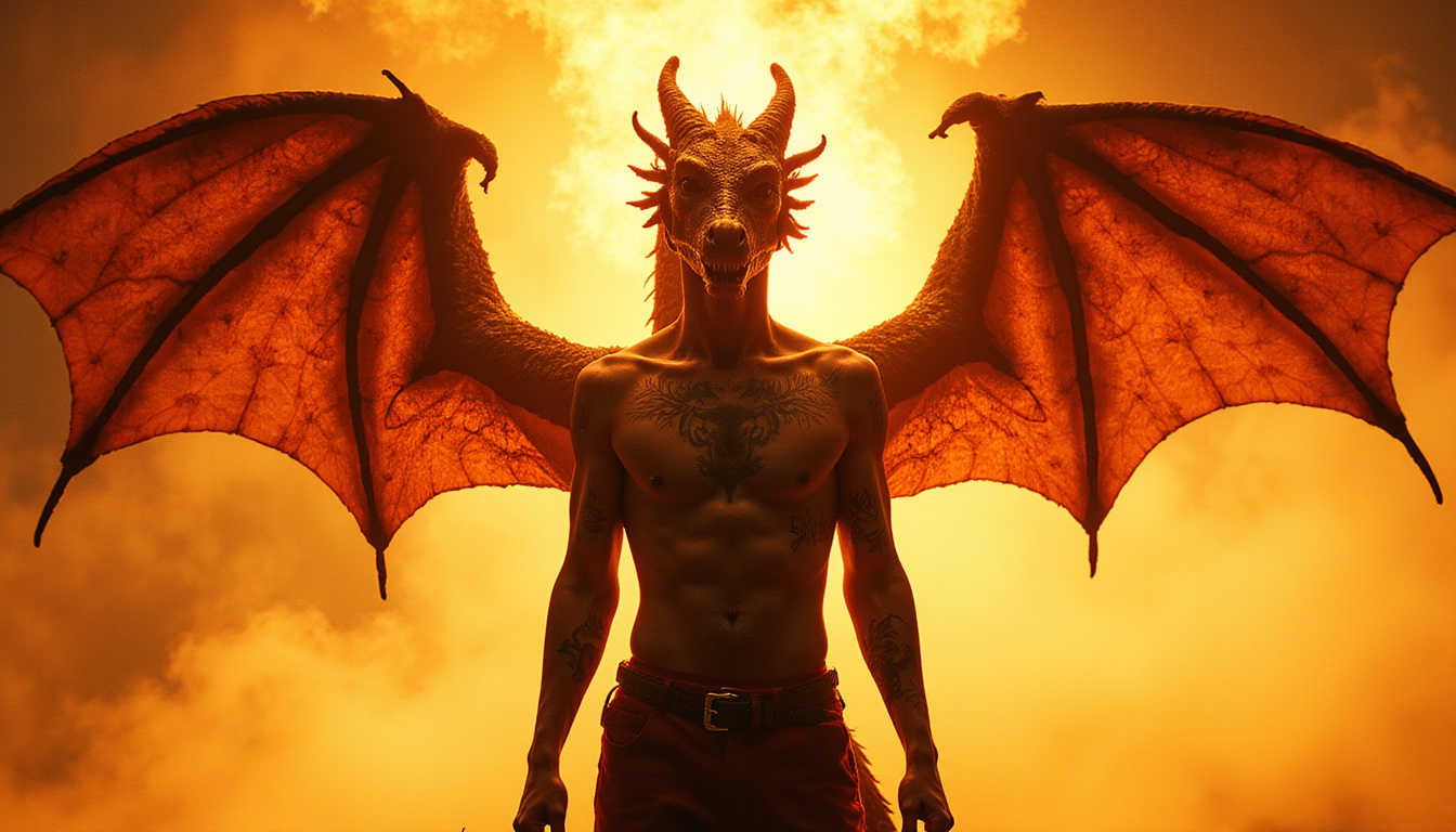  Silhouette of a person merging with a dragon, tattoos of myths, empowering golden light