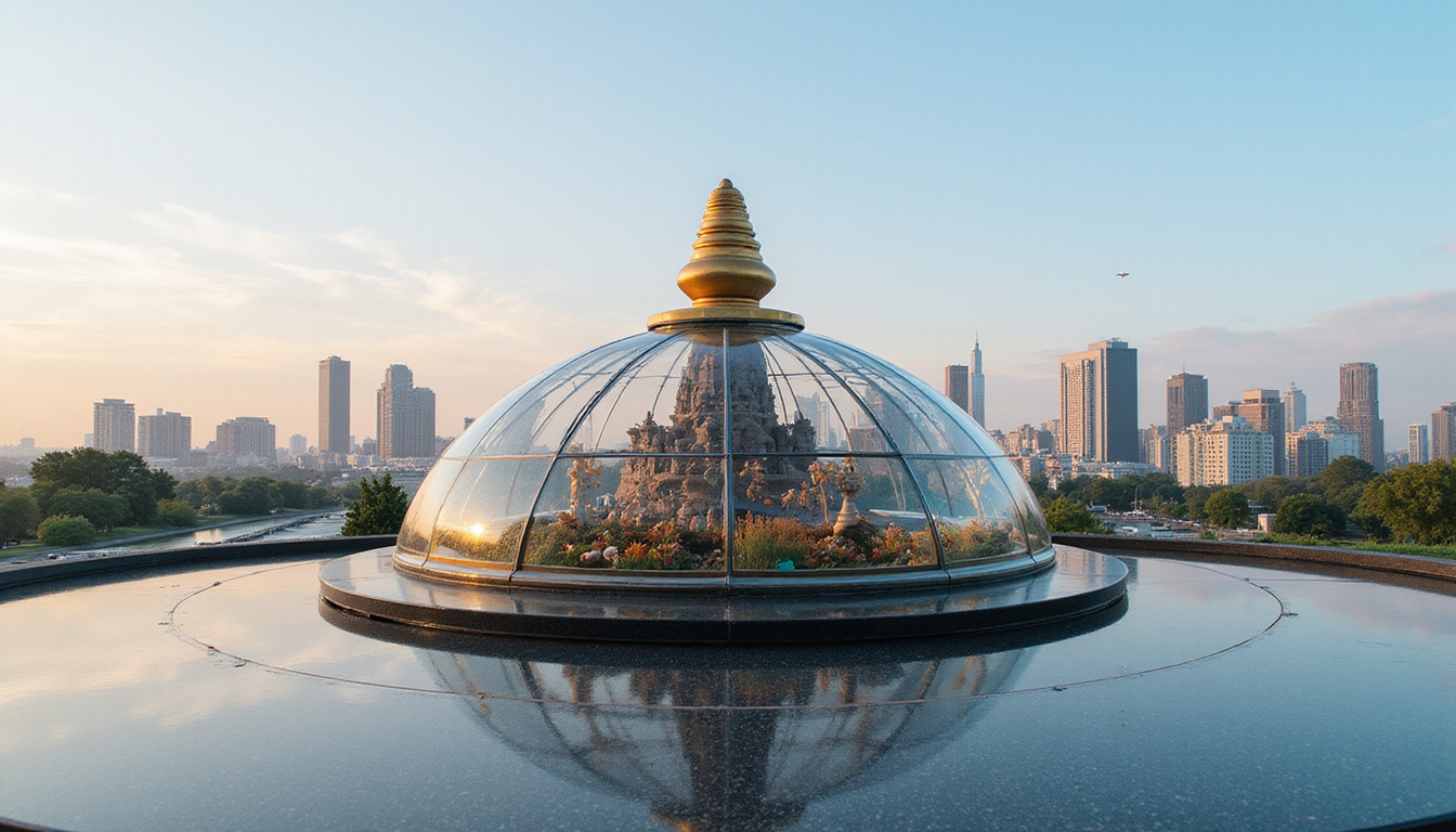 Modern city skyline reflected in glass stupa, subtle mandala holograms, serene mindfulness