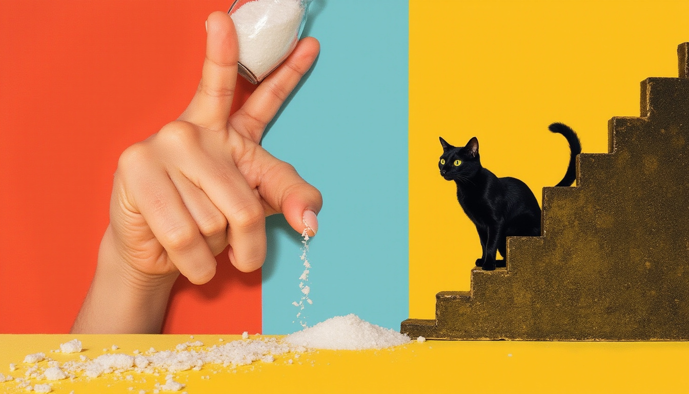 Surreal montage of crossed fingers, spilled salt, black cat shadow sabotaging ascending staircase