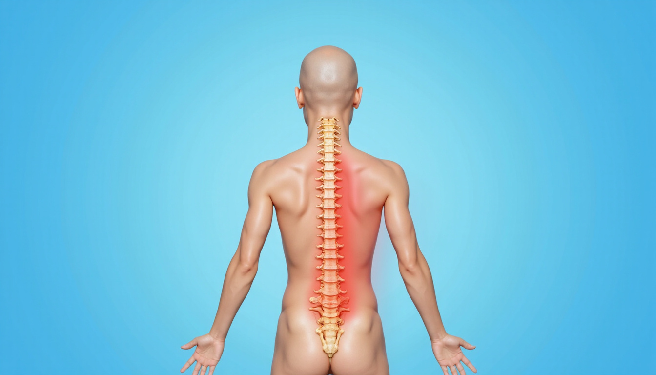 Illustration of anatomy overlay showing flexible spine, gentle lumbar stretches, blue gradient background, clean medical style