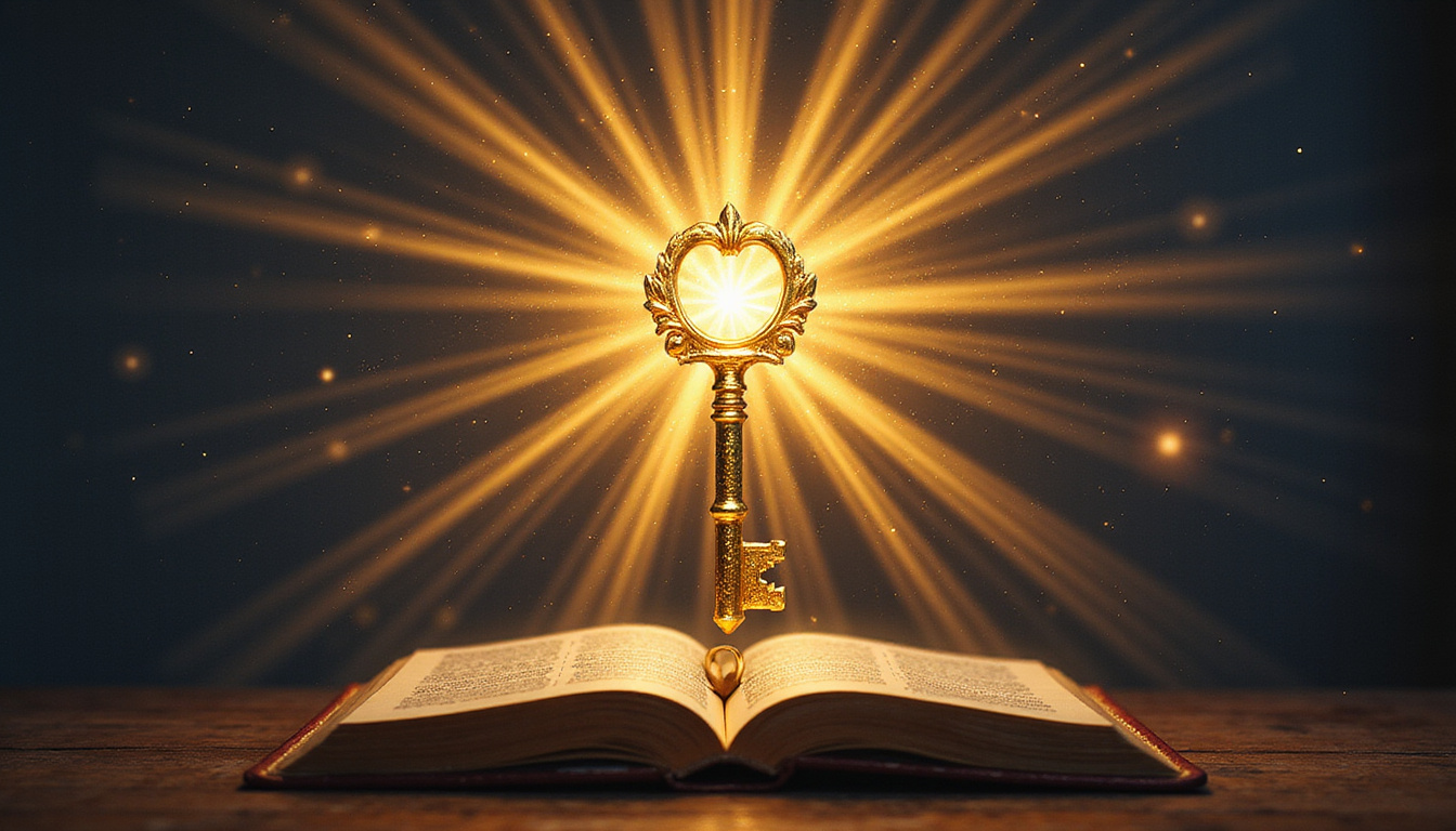  Golden key unlocking ancient horoscope book, radiant Midheaven crest emitting beams of fame and purpose