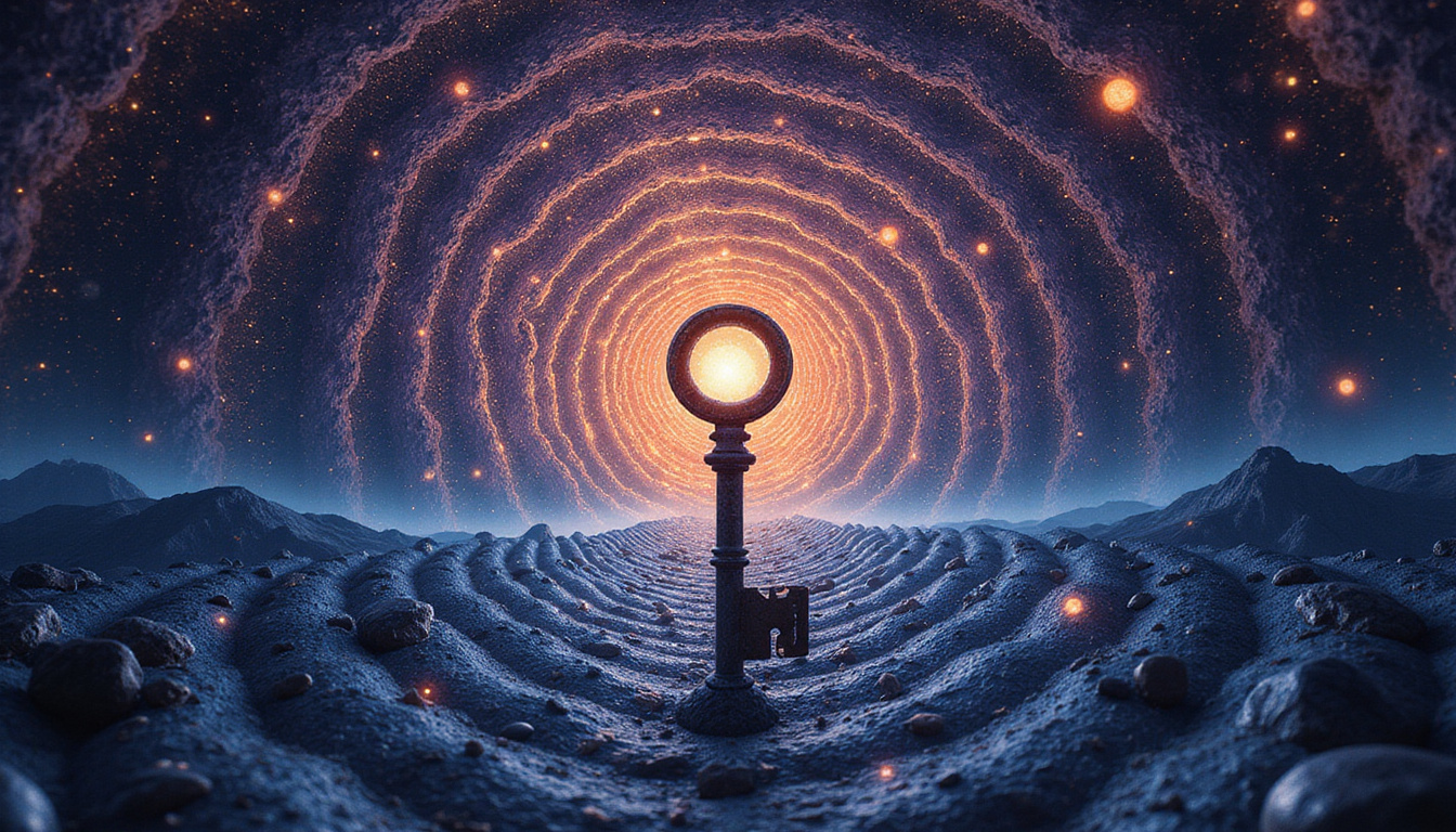  Ancient key unlocking celestial mandala of frequencies, concentric waves revealing hidden patterns