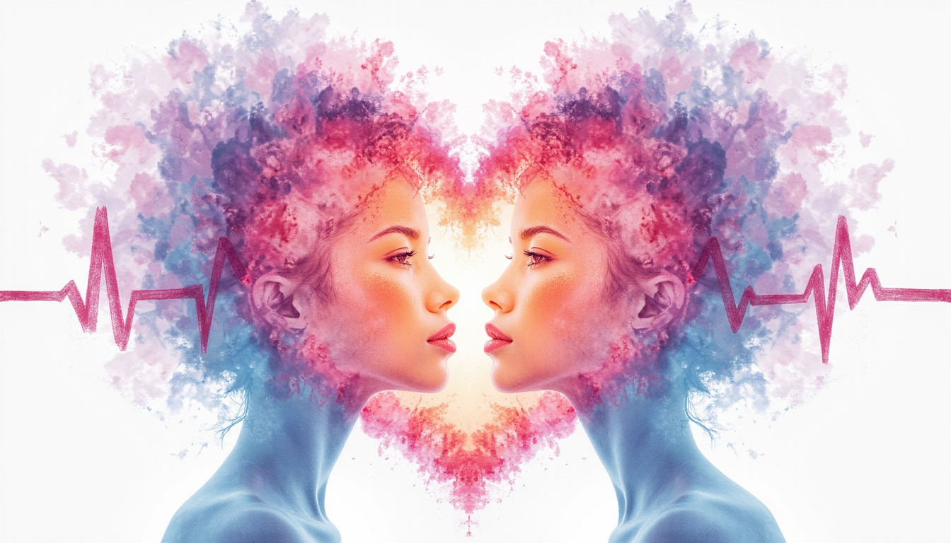  Mirrored faces forming a single watercolor heart, synchronized heartbeat waves, pastel palette, dreamy light
