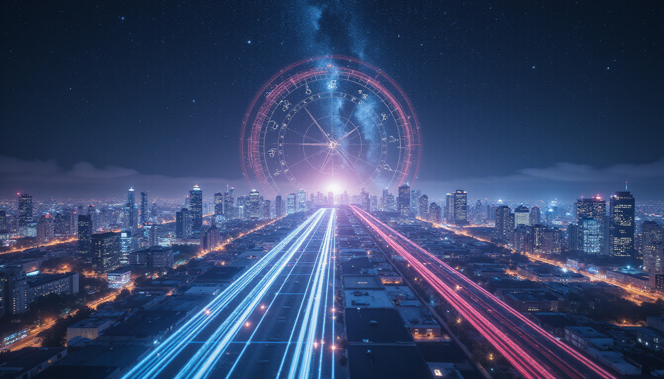  Futuristic astrology software dashboard projecting life-path lines onto cityscape, astrological glyphs orbiting
