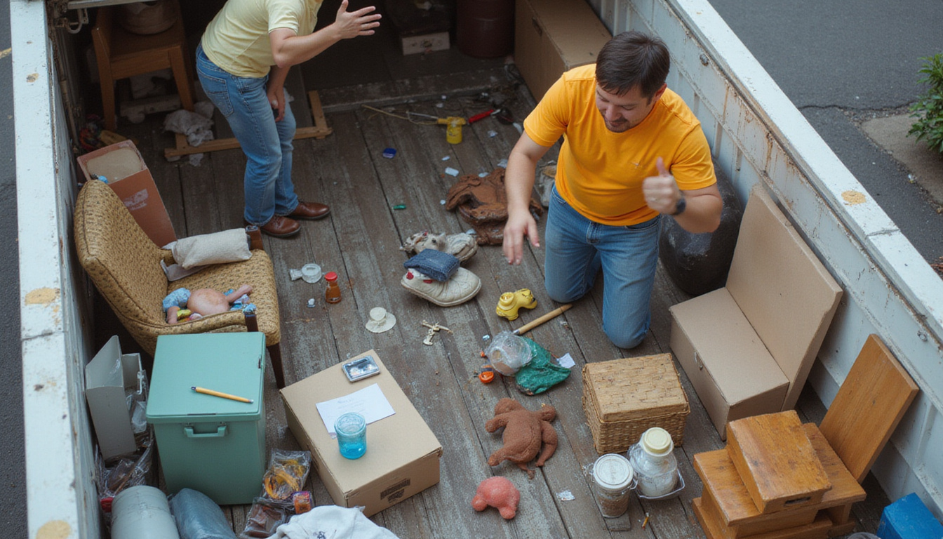 Overhead drone view of rapid clutter-clearing crew loading furniture into truck, satisfied homeowners waving