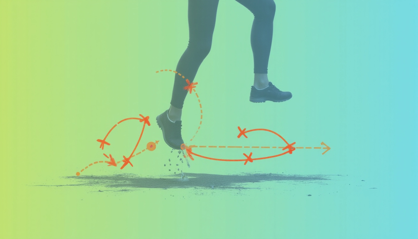  Slow-motion sequence of single-leg hop landing ankle collapse and poor balance red Xs and force vectors