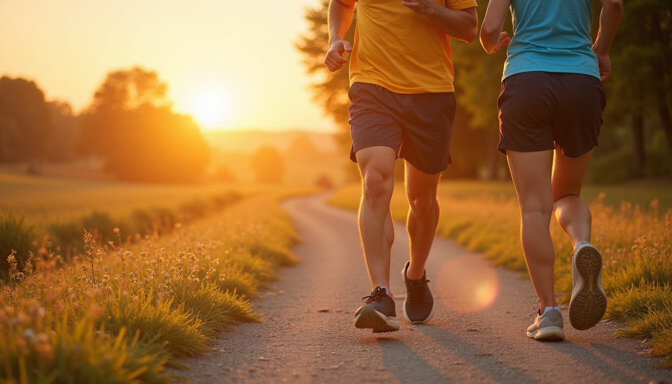  Active senior couple running on sunlit trail, healed knees, molecular drug structures orbiting joints