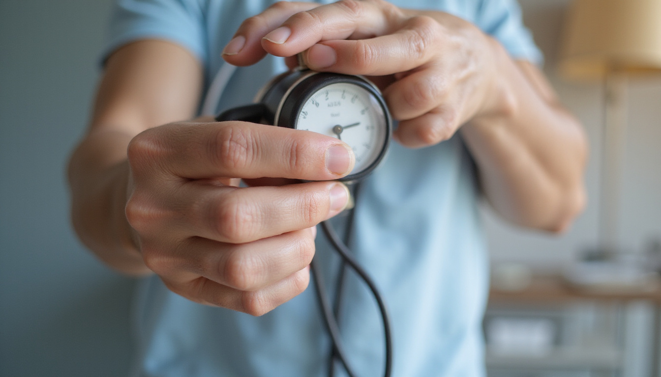  Close-up of aging hands squeezing dynamometer, wrinkled skin, gentle light, health chart nearby