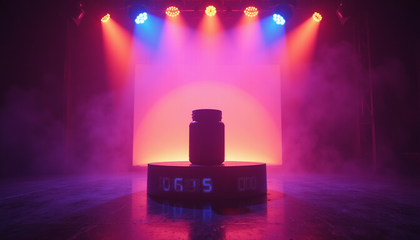 Vibrant product silhouette center stage, dramatic spotlights, countdown timer, viral social icons