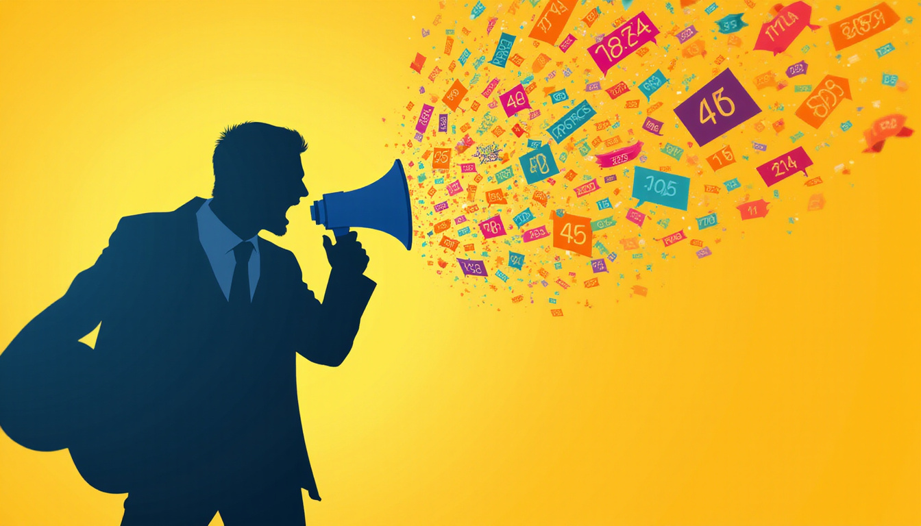 Data ribbons transforming into charismatic storyteller silhouette with megaphone, floating numbers becoming headlines