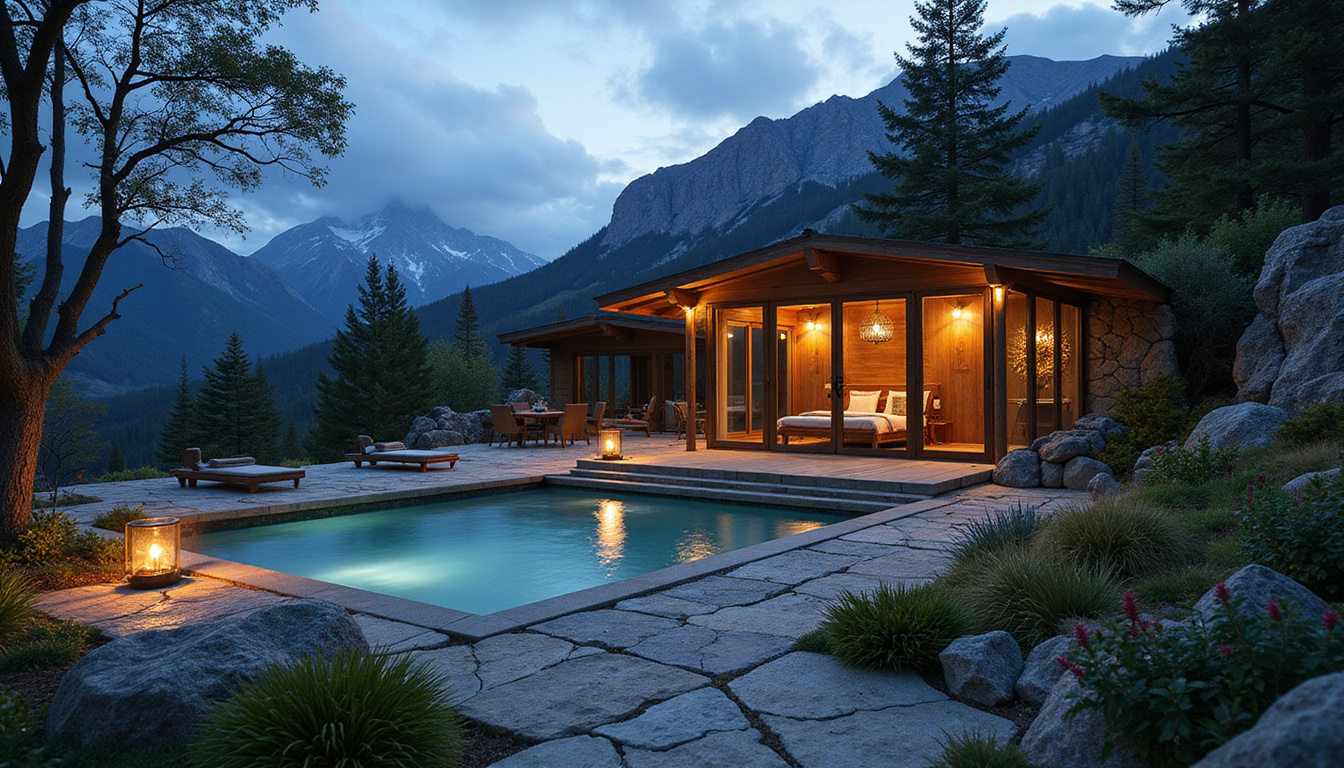 Mountain spa sanctuary with candlelit yoga pavilion, holistic therapies, organic cuisine, transformative calm
