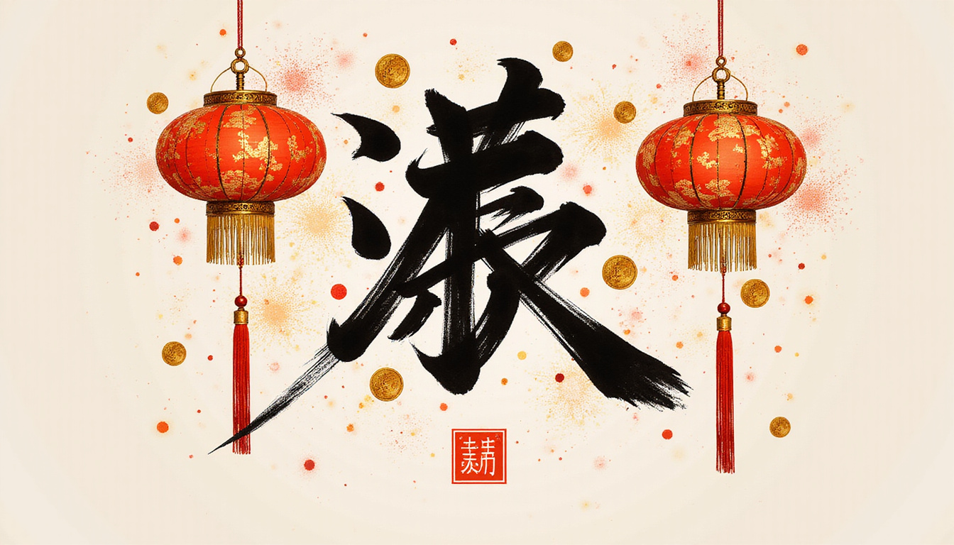  Calligrapher mid-stroke painting Fu symbol with ink brush, flourishes, lanterns, auspicious coins