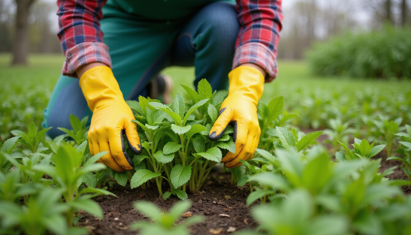  Gardener pulling invasive moneywort runners, gloved hands, root barrier installation, determined expression
