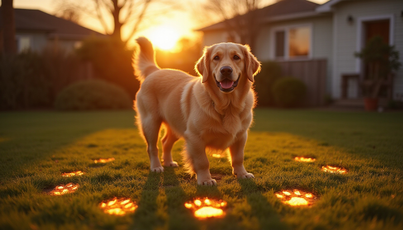  Golden retriever leaving glowing paw prints that form ancient runes, sunset backyard, gentle magic