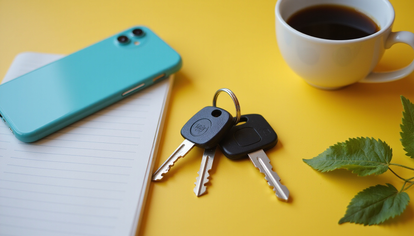  Close-up of everyday objects—keys, coffee cup, phone—arranged like ritual, invisible influence threads