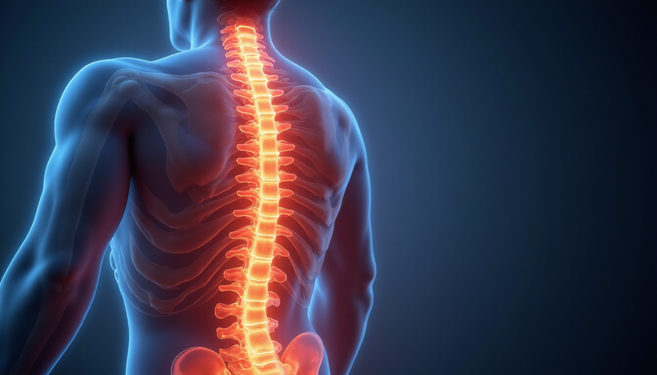  Close-up glowing lumbar spine overlay showing pain easing during daily exercise routine, soft medical illustration