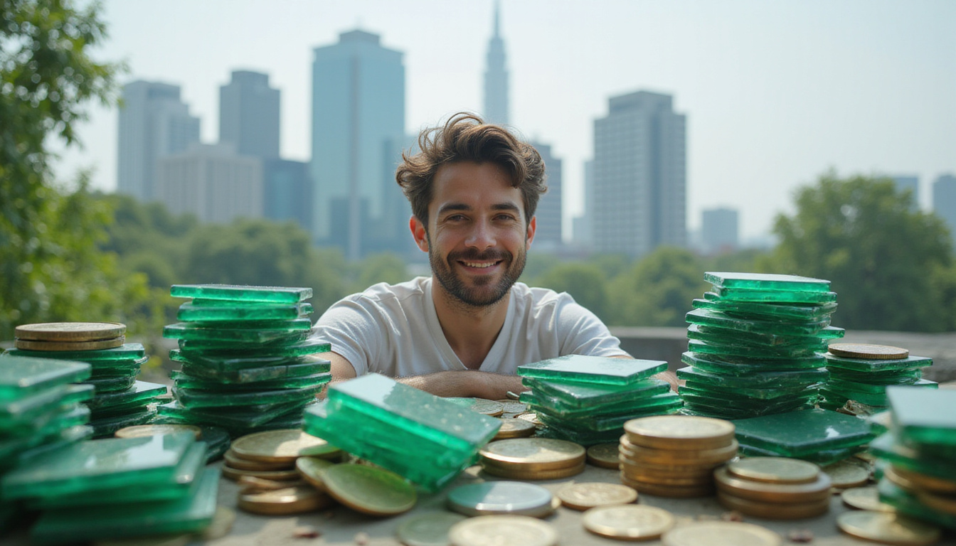  Entrepreneur smiling among stacks of reclaimed solar glass and coins, green city skyline