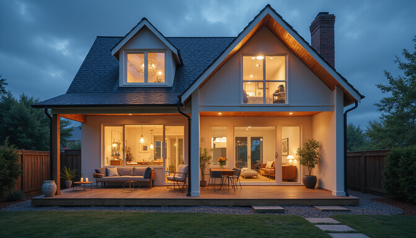  Cutaway house interior showing smart energy systems, glowing circuits, falling bill graphs, calm homeowner
