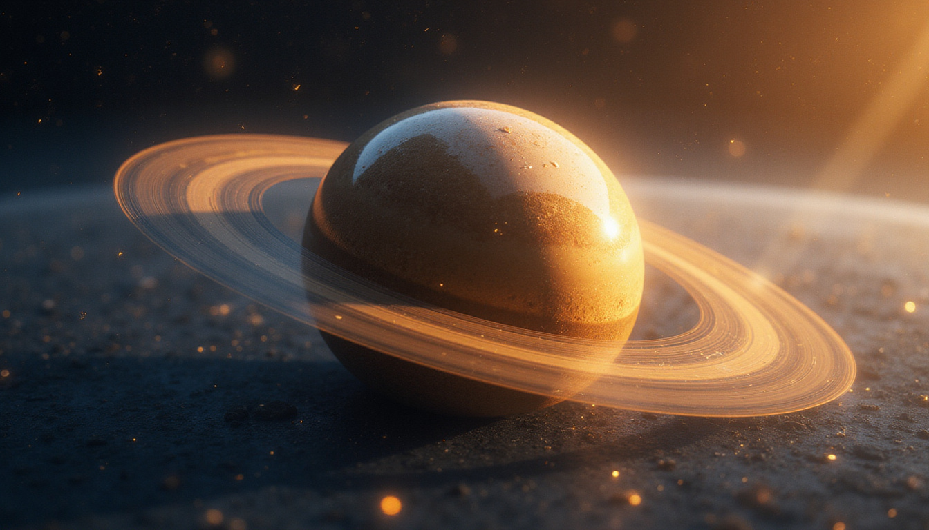  Close-up of Saturn stationing, motion blur reversing, starfield, horoscope lines, mystical golden light
