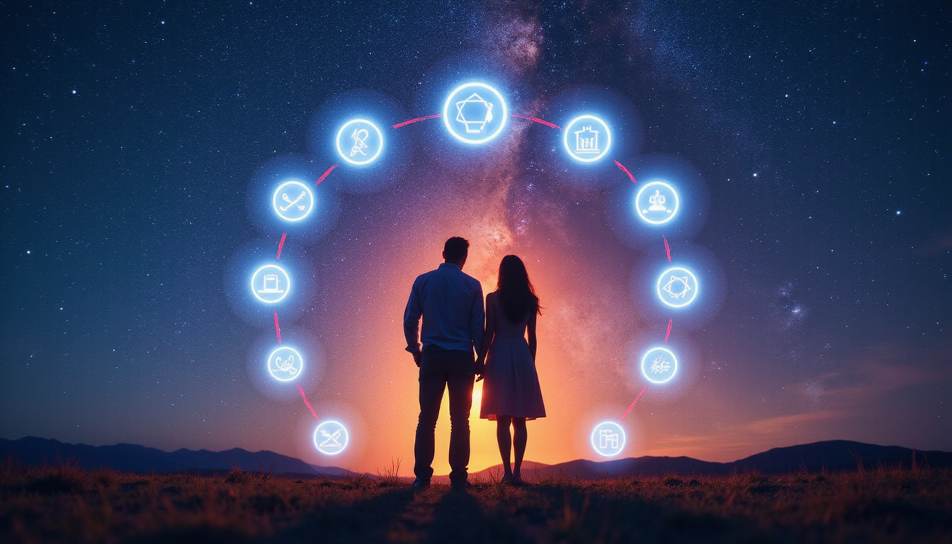  Couple against starry background, nine glowing icons circling them, faint scientific graphs