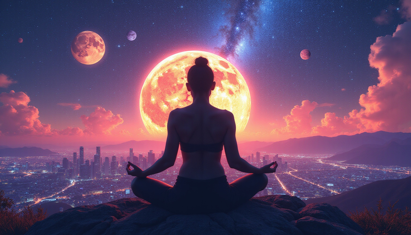 Silhouette meditating under planetary alignment, beams of influence transforming cityscape into blooming life