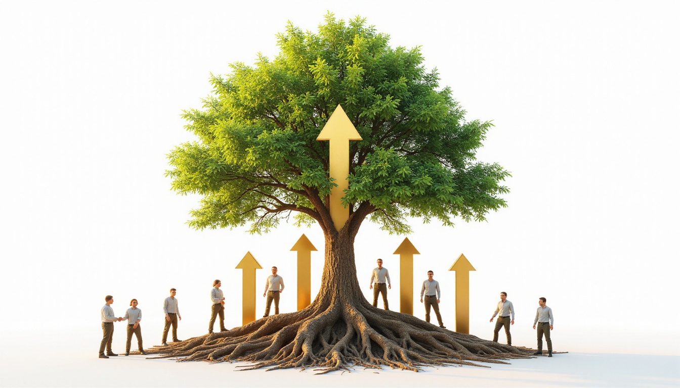 Rooted oak tree shaped like handshake, golden arrows rising, community of smiling customers