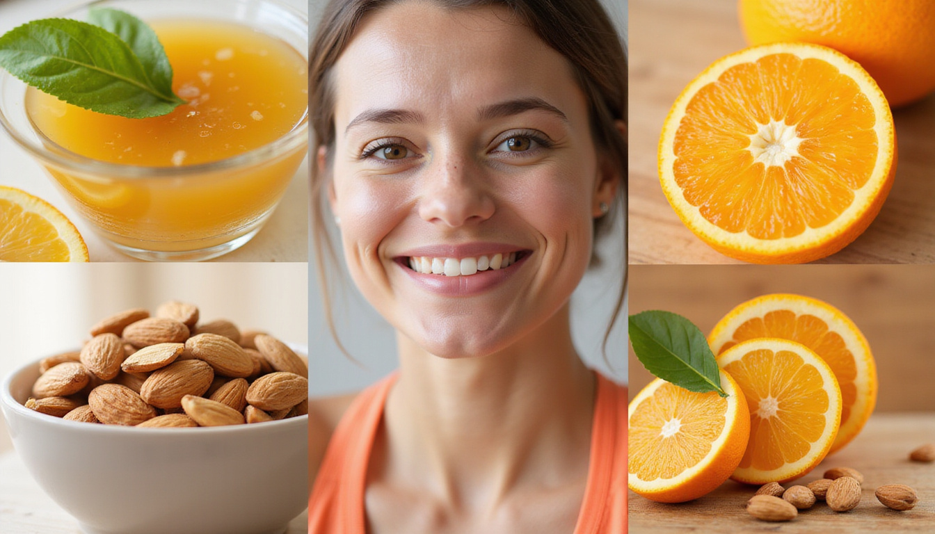  Healthy lifestyle montage: morning run, bone broth, almonds, vitamin C-rich orange, relaxed smile