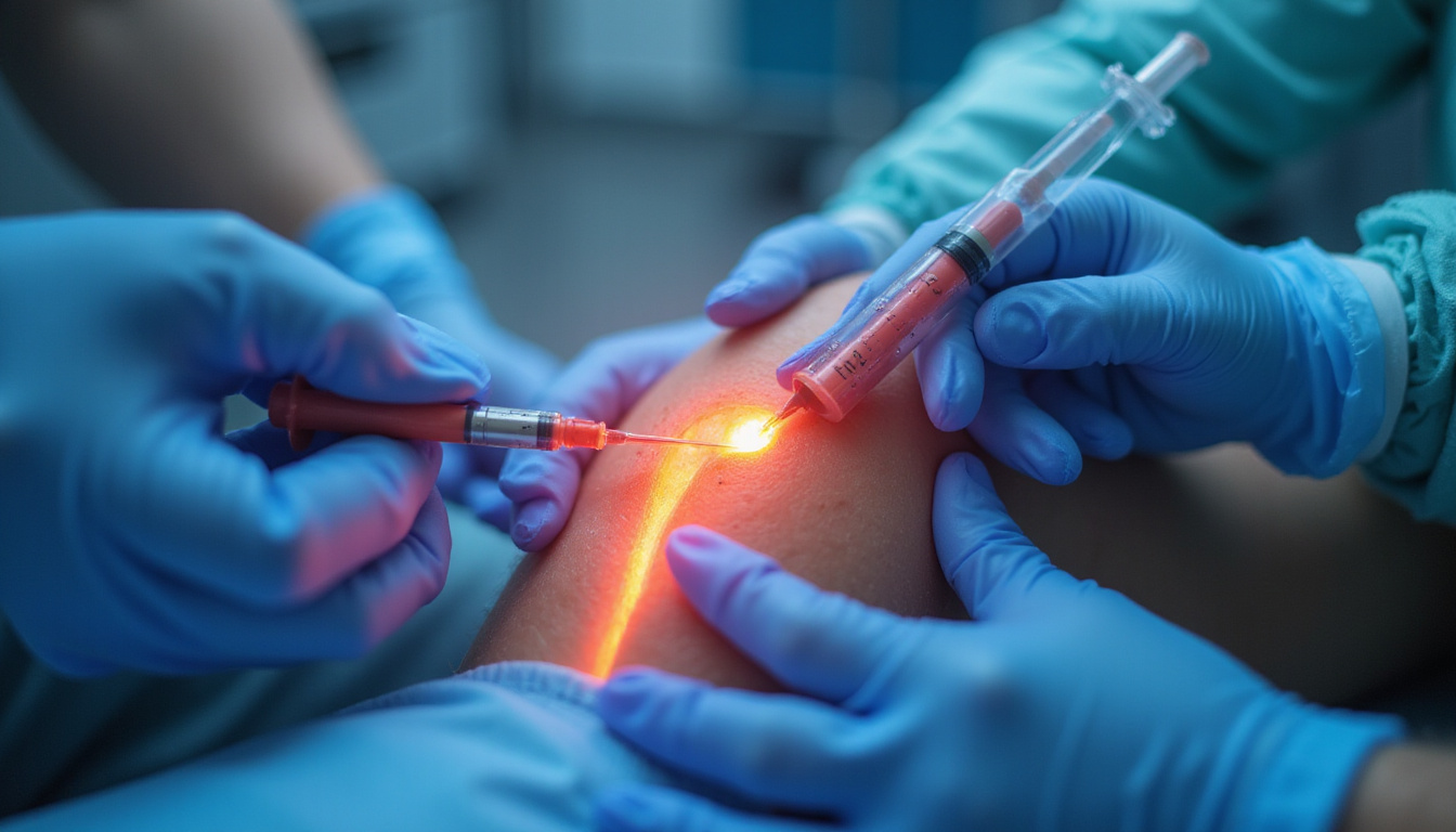  Close-up PRP injection into knee with anatomical overlay, hopeful patient, sterile modern clinic