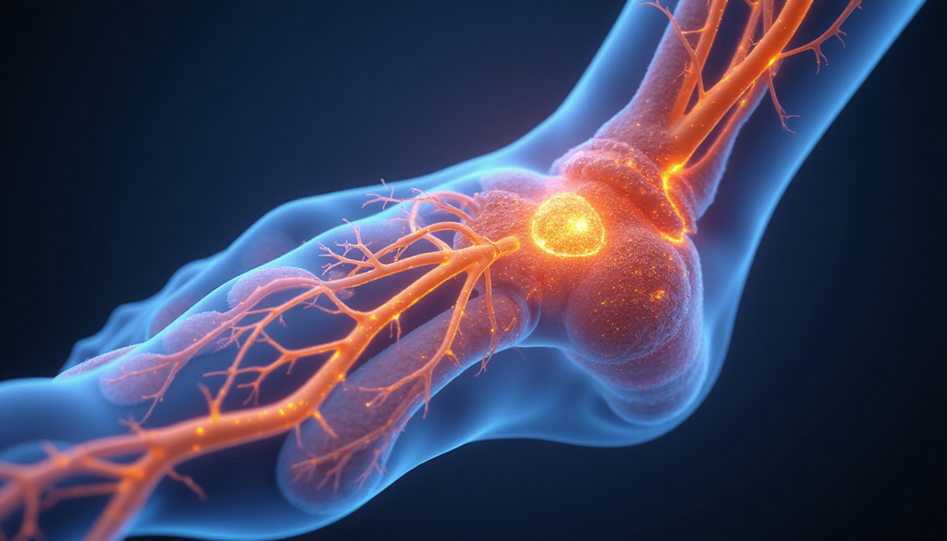 Close-up cross-section glowing peripheral nerves regenerating during physiotherapy, hyper-detailed medical illustration