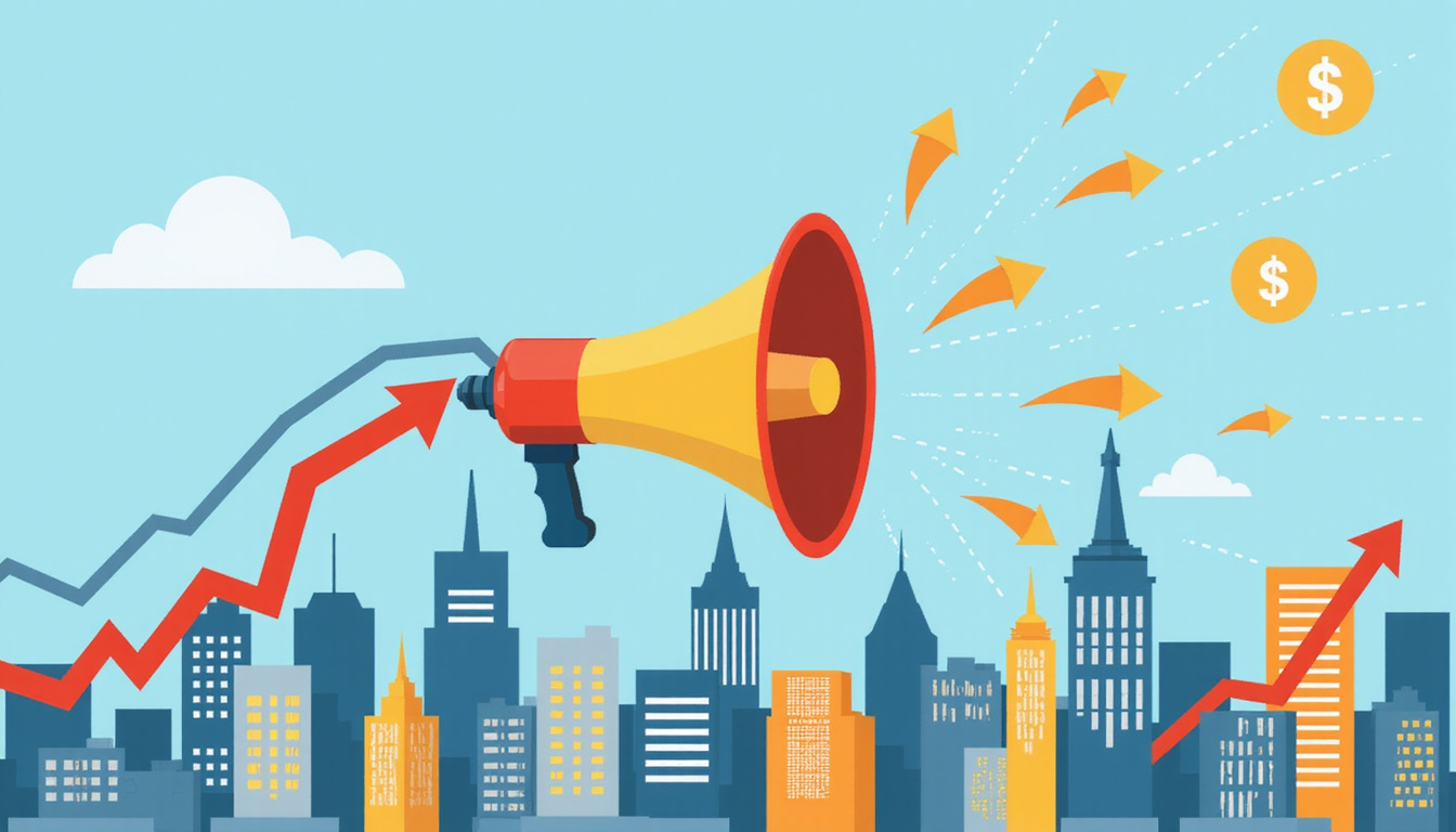  Megaphone broadcasting listings across city skyline, digital portals, charts and upward arrows