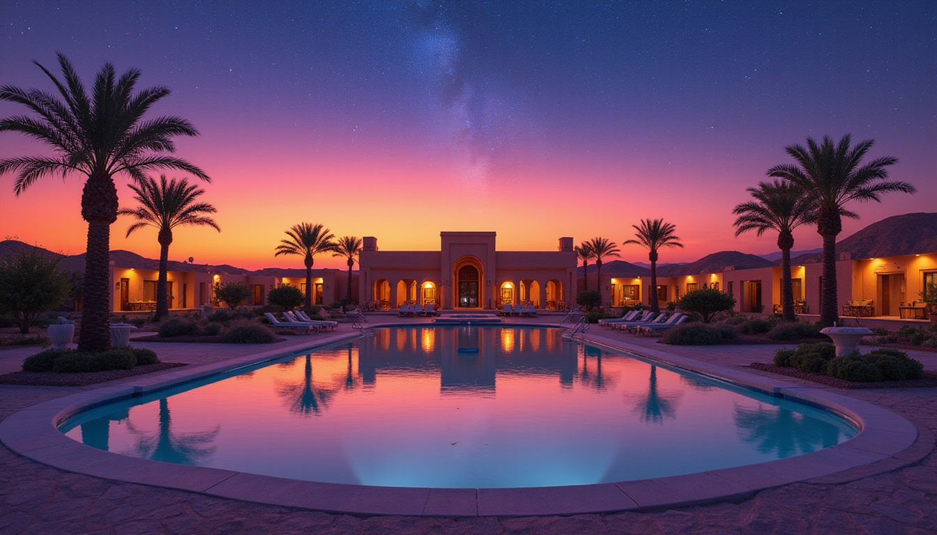  Sunset desert resort with pharaonic architecture, reflecting pool, palm silhouettes, starry sky