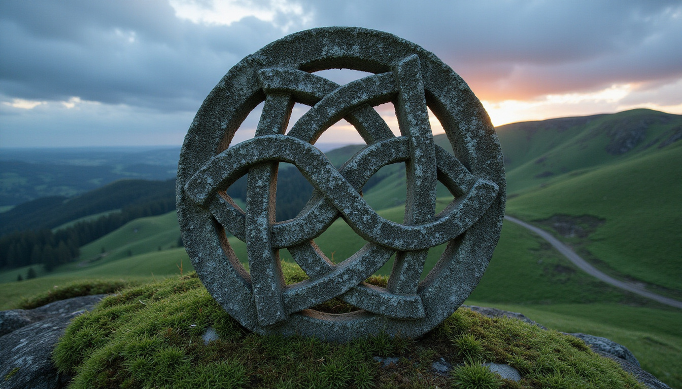  Celtic endless knot carved in weathered stone, moss covered rolling green hills under twilight