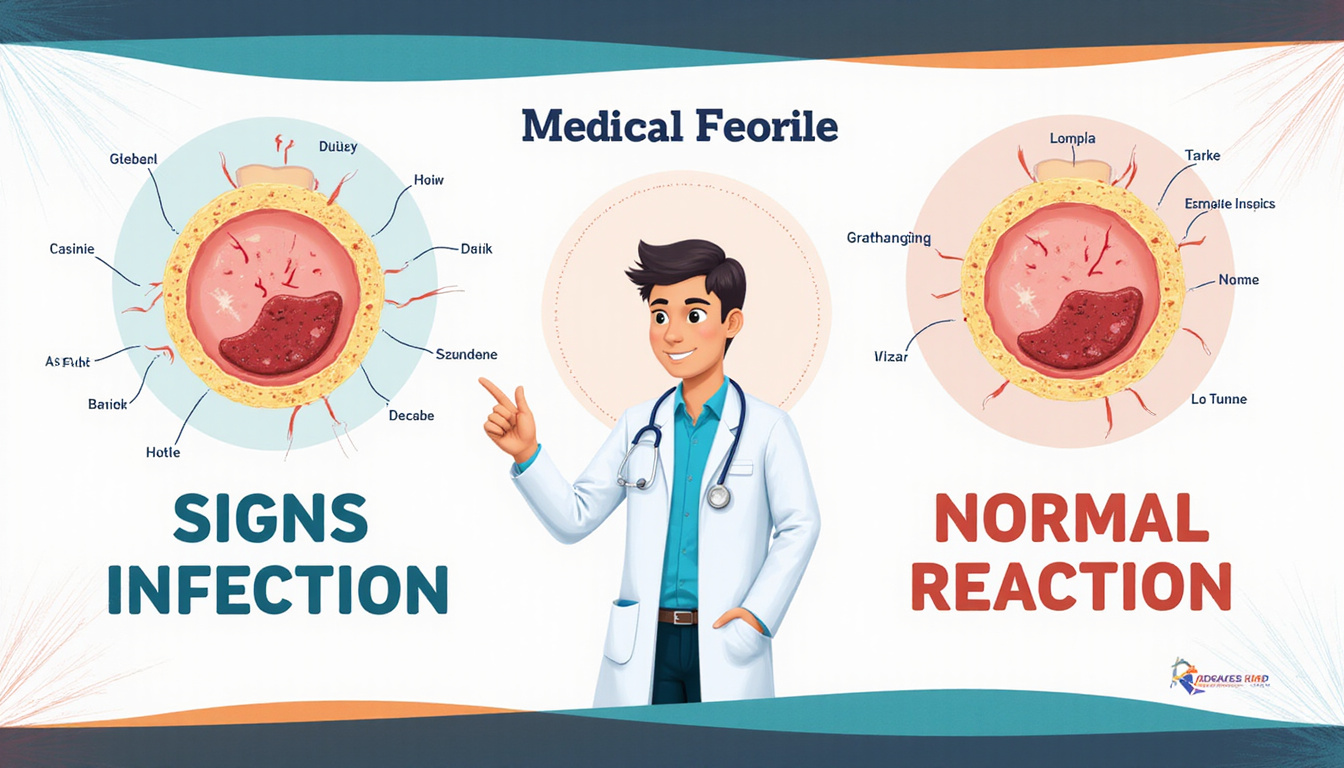  Medical infographic showing signs of infection vs normal reaction, doctor pointing, clear labels