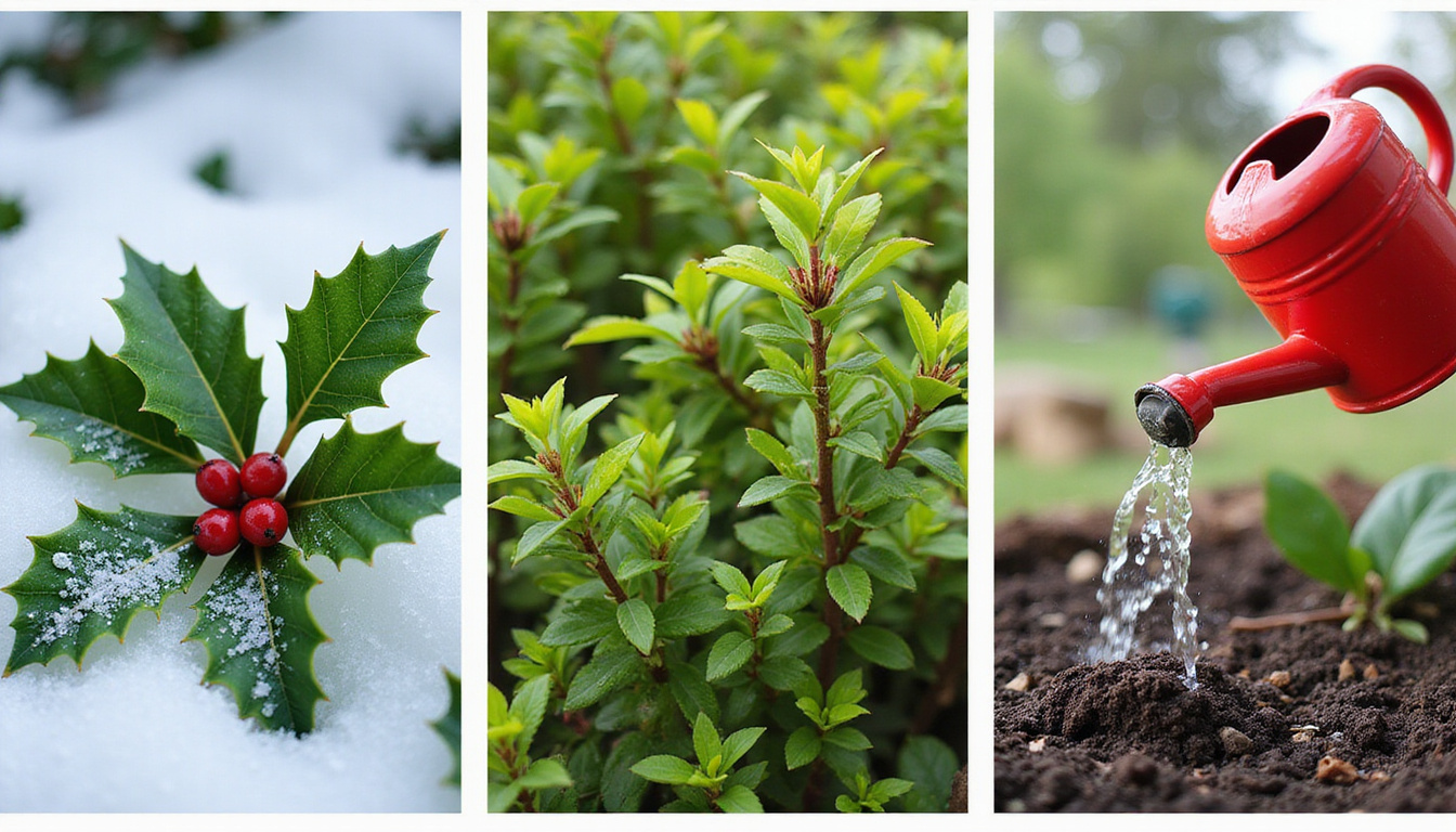  Cross-season montage: holly in snow, spring buds, summer foliage, nutrient-rich soil, watering can