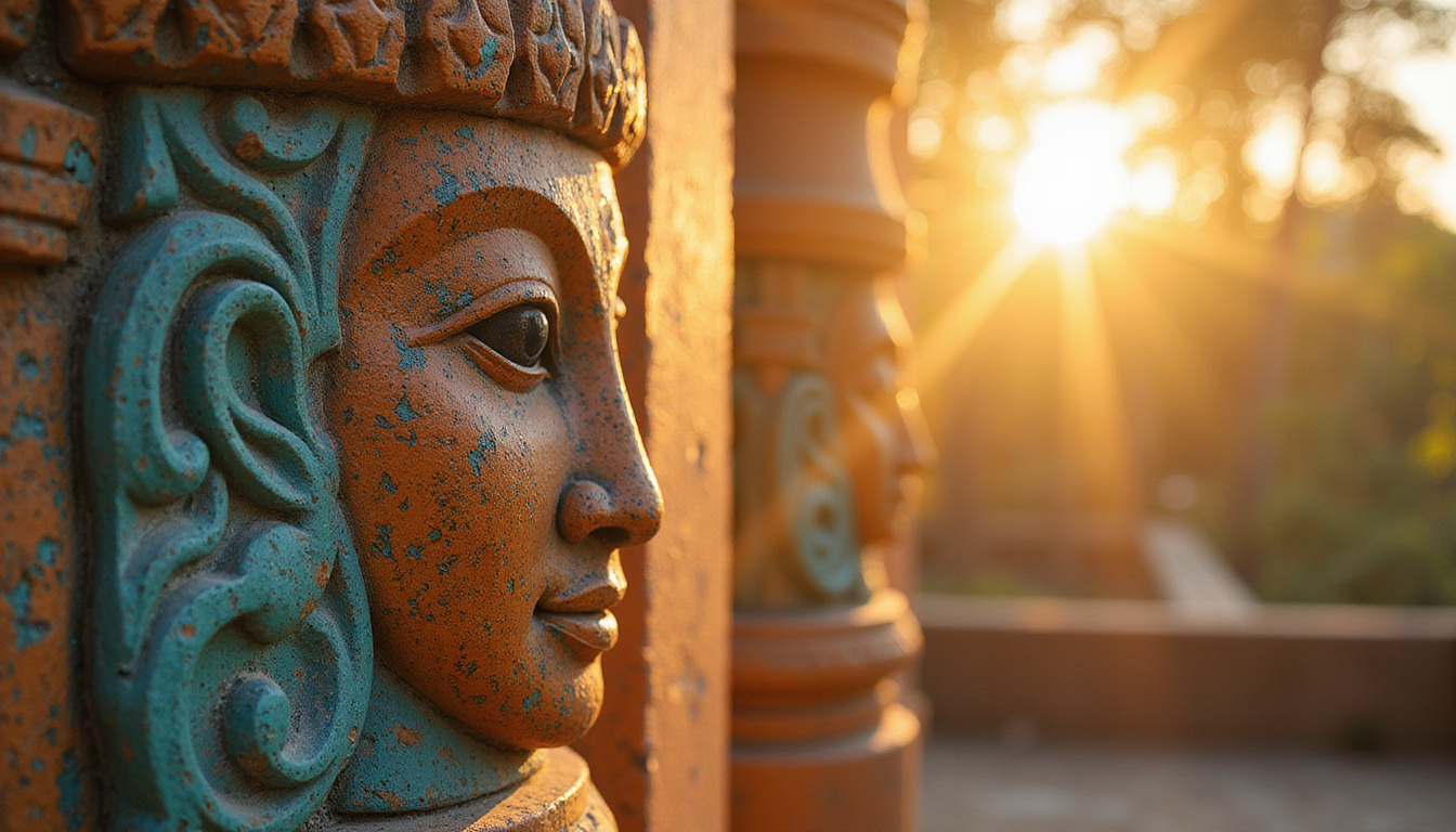  Sunlit close-up of carved crest figures, painted ochre and turquoise, soft morning mist, ancestral legacy