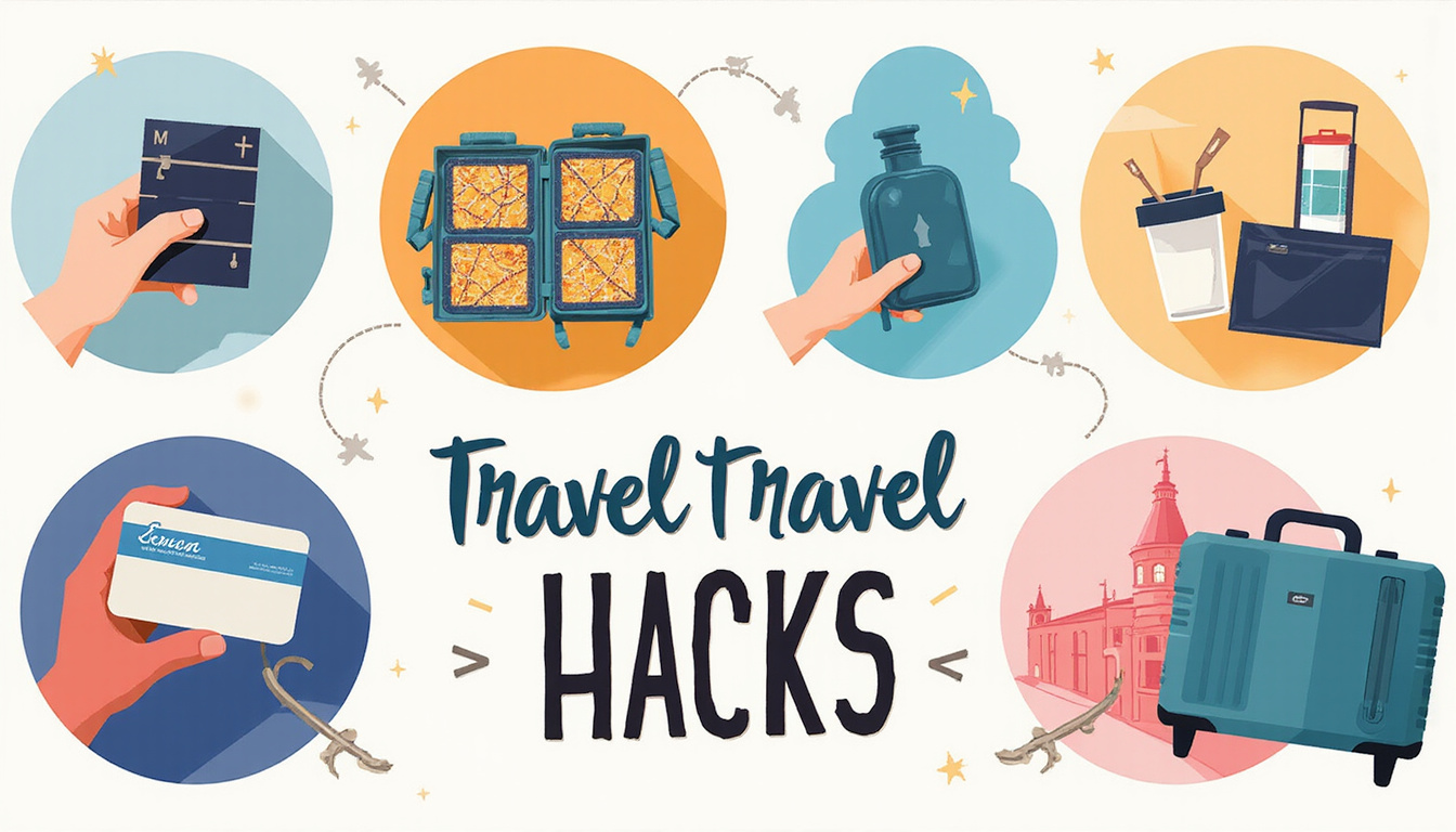  Infographic-style collage of travel hacks: packing cubes, loyalty cards, lounge access icons