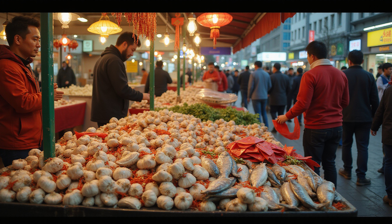  Market stall with garlic, fish, red envelopes; diverse crowd performing protective food rituals, cinematic