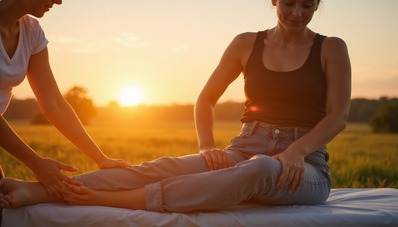 Serene patient receiving gentle physiotherapy stretch outdoors, therapist supportive hands, sunrise healing