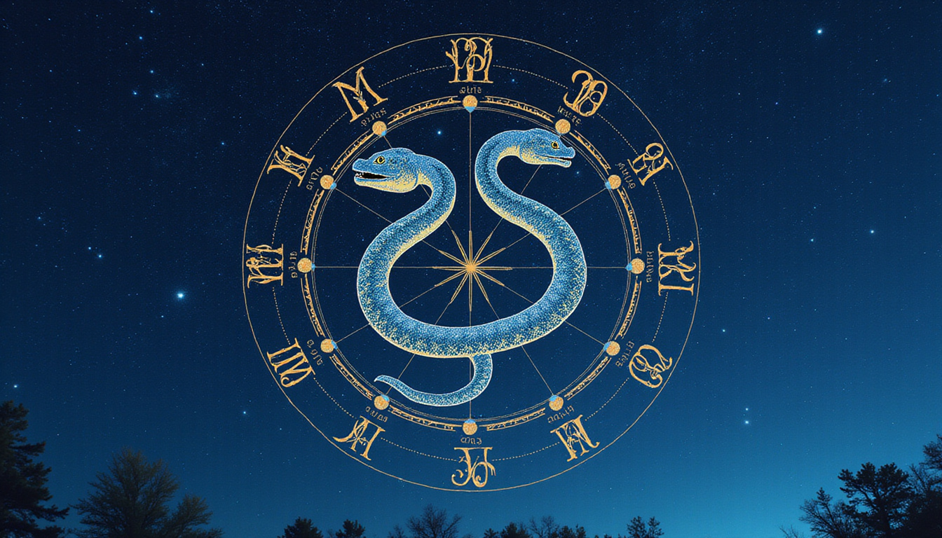  Ancient astrological chart featuring Ophiuchus serpent-bearer, celestial glyphs, midnight blues, luminous constellations