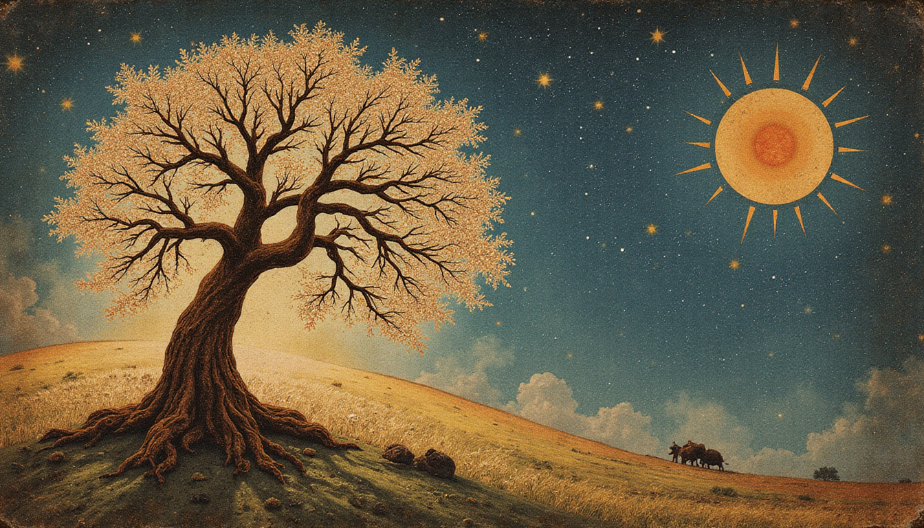  Vintage tapestry of past lives weaving into a present-day decision-maker under starry astrological map
