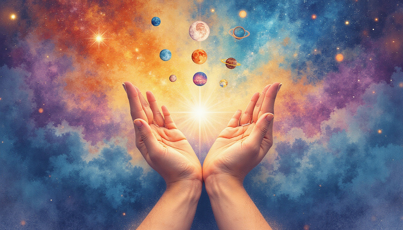  Morning decision crossroads with planetary symbols above two hands, watercolor cosmic mood