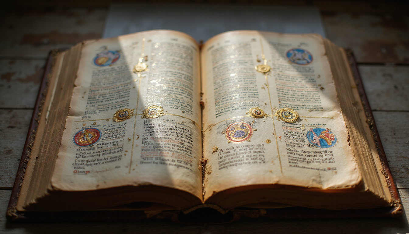  Ancient astrological manuscript illuminated with symbols, golden lines dividing decans, mystical ambient light