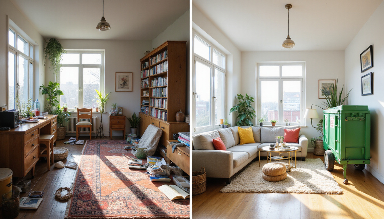  Before-and-after home transformation: cluttered living room to minimalist space, green disposal truck, sunshine