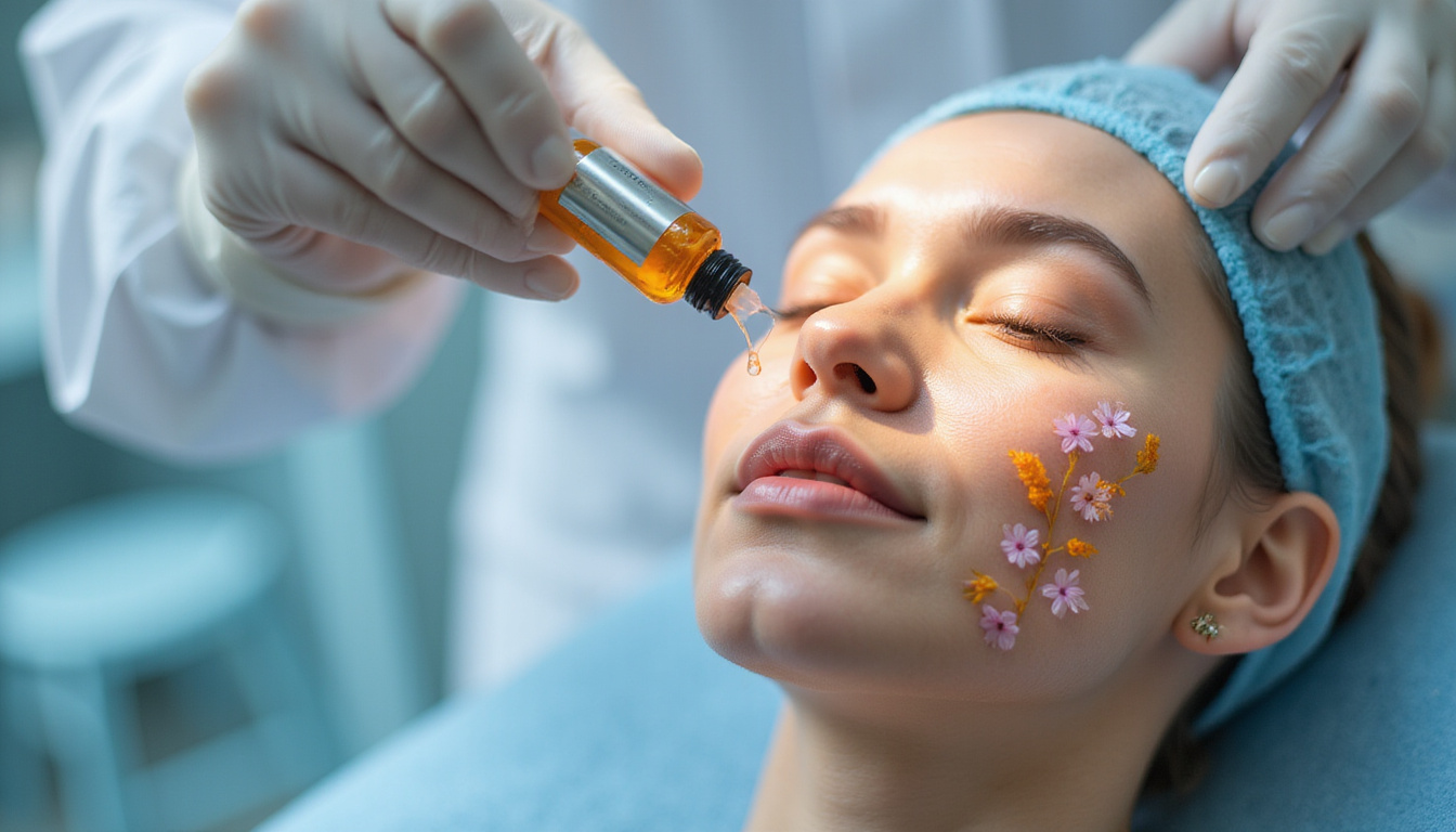  Non-surgical therapy scene: scientist applying serum, radiant natural skin renewal, botanical motifs