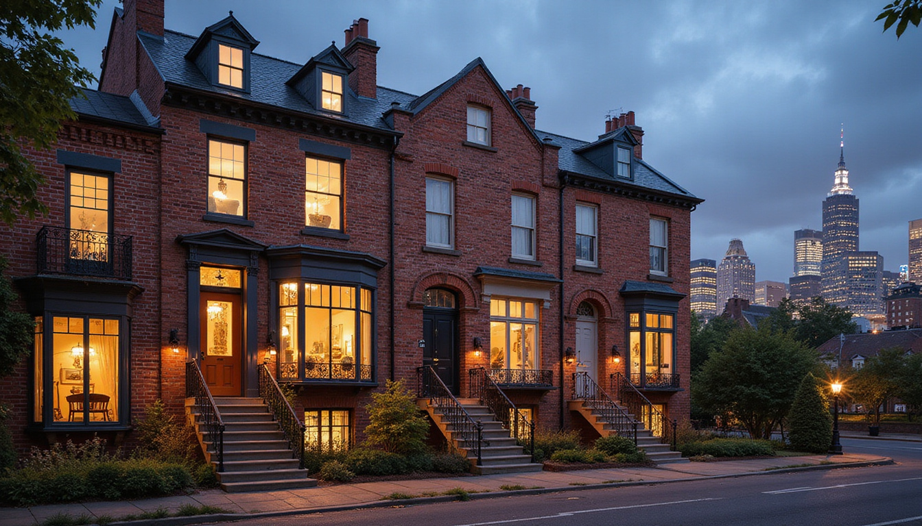  Historic brick rowhouses renovated, glowing interiors, investor handshake, stacks of coins, city skyline